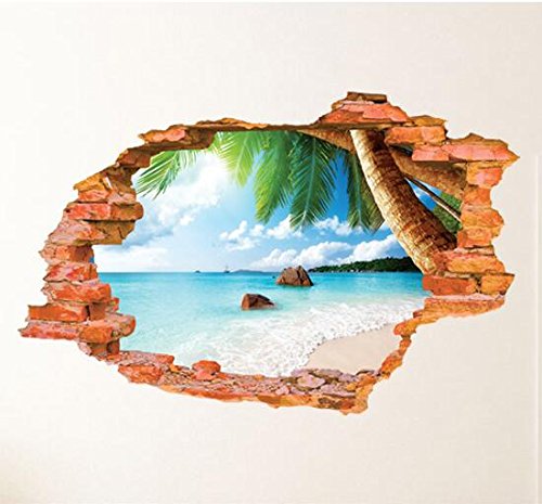 HALLOBO® Wandtattoo Wandaufkleber Wandbild 3D Fenster Strand Sonne Meer Himmel Sommer Wohnzimmer Schlafzimer Home Dekor von HALLOBO