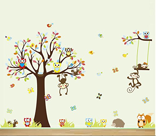 HALLOBO® Wandtattoo XXXL Eulen Affen Fuchs Baum Wald Tier Wandaufkleber Wandsticker Kinderzimmer Kinder Baby Babyzimmer von HALLOBO