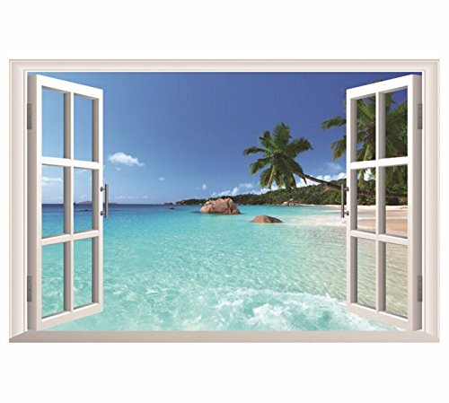 HALLOBO® XXL Wandaufkleber Fenster Hawaii Meer Insel Urlaub Wandsticker Wandtattoo Wall Sticker Wohnzimmer Schlafzimmer Deko Korridor Esszimmer von HALLOBO