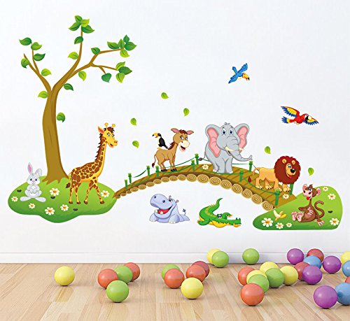 HALLOBO® XXL Wandsticker Wandtattoo Kinderzimmer Wald Tierbrücke Tier Brücke Baum Elefant Giraffe Eulen Ameise Wandaufkleber Wall Sticker Kinder Kind Junge Mädchen Baby Babyzimmer von HALLOBO