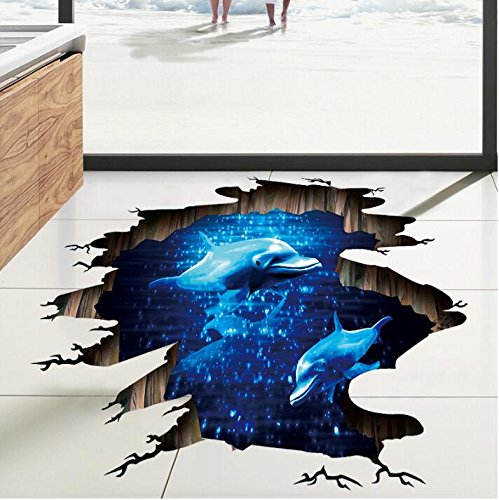 HALLOBO® XXL Wandtattoo Wandaufkleber 3D Boden Delphin Unterwasserwelt Delfine Marine Meer Wandbild Wohnzimmer Schlafzimmer Kinderzimmer Deko Badzimmer von HALLOBO