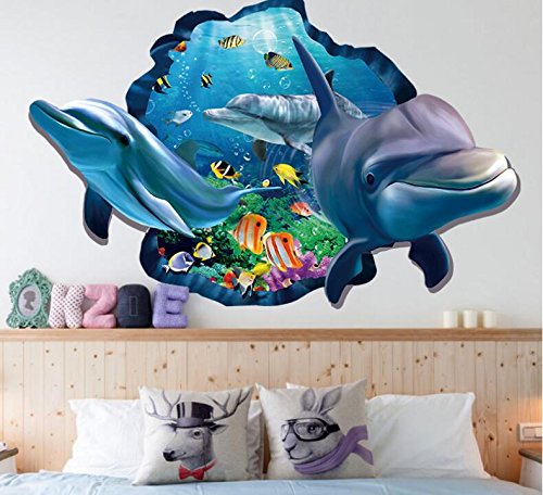 HALLOBO® XXL Wandtattoo Wandaufkleber 3D Fenster Delphin Unterwasserwelt Delfine Marine Meer Wandbild Wohnzimmer Schlafzimmer Kinderzimmer Deko Badzimmer von HALLOBO