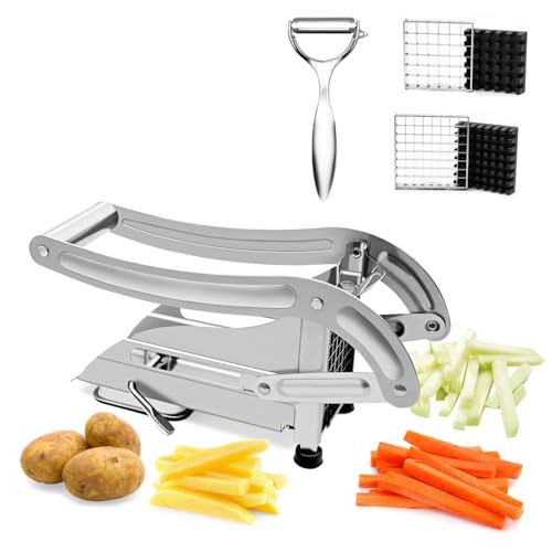HALNKSZDDD Pommes Frites-Schneider, Edelstahl-Kartoffelschneider mit Anti-Rutsch, Gemüseschneider, 2 Edelstahlklingen und 2 Schälern von HALNKSZDDD