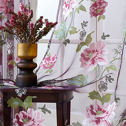 Gardienen Vorhänge Rosa Blume Tüll Gardinen Für Wohnzimmer Schlafzimmer Elegante Fenster Voile Pfingstrose Voile Lila Blumen,Violett,L200*H230Cm von HALOGAMP