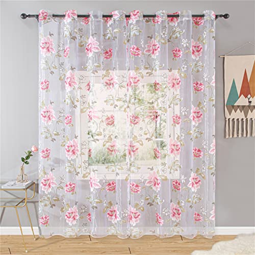 Gardine Rosa Blume Tüll Gardinen Für Wohnzimmer Schlafzimmer Elegante Fenster Voile Pfingstrose Voile Lila Blumen,Rose,L100*H200Cm von HALOGAMP