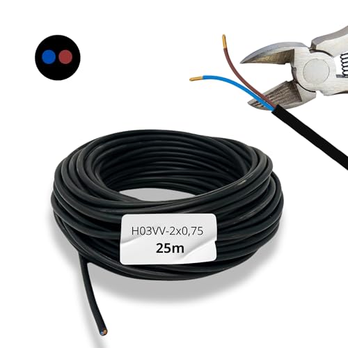 HALOTEC 25 Meter Elektrokabel 2-adrig 2x0.75 | H03VV-F | Doppelte PVC-Isolierung | Installationskabel | Stromkabel | PVC | Schwarz | Rundes Mantelkabel | 2-adriges Kabel von HALOTEC
