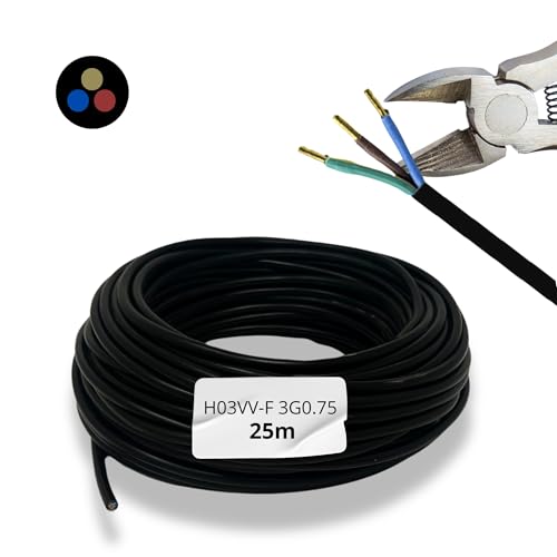 HALOTEC 25 Meter Elektrokabel 3-adrig 3x0.75 | Verlängerungskabel H03VV-F | Installationskabel | Stromkabel | PVC | Schwarz | Rundkabel | Dreiadriges Kabel von HALOTEC