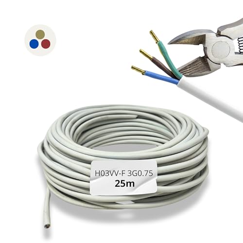 HALOTEC 25 Meter Elektrokabel 3 Adern 3x0,75 | Verlängerungskabel H03VV-F | Installationskabel | Stromkabel | PVC | Weiß | Rundkabel | Dreiadriges Kabel von HALOTEC
