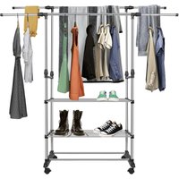 Doppelte Edelstahl Kleiderstange Haloyo Ausziehbar Kleiderständer mit 3-stufigem Ablagefach,2-in-1-Design,mit 4 Rädern,für Mäntel, Röcke, Hemden, von HALOYO