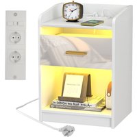 Haloyo® Nachttische, Beistelltisch mit Ladestation, Nachttisch mit LED, mit Schublade, Griff, offenem Fach, 40x35x58cm, Weiß von HALOYO