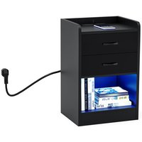 Moderner Nachttisch mit 2 Schubladen, LED-Beleuchtung und Mehrfachsteckdose, Beistelltisch für Wohnzimmer & Schlafzimmer, 40×35×65 cm, schwarz Moderner Nachttisch mit 2 Schubladen, LED-Beleuchtung und Mehrfachsteckdose, Beistelltisch für Wohnzimmer & Schlafzimmer, 40×35×65 cm, schwarz von HALOYO