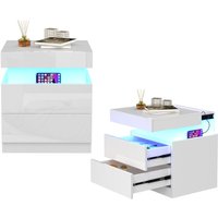 Nachttisch mit 2 Schubladen, mit verstellbarem mehrfarbigen LED-Streifen, Beistelltisch im modernen Stil, 45 x 40 x 52 cm, Weiß - Haloyo Nachttisch mit 2 Schubladen, mit verstellbarem mehrfarbigen LED-Streifen, Beistelltisch im modernen Stil, 45 x 40 x 52 cm, Weiß - Haloyo von HALOYO