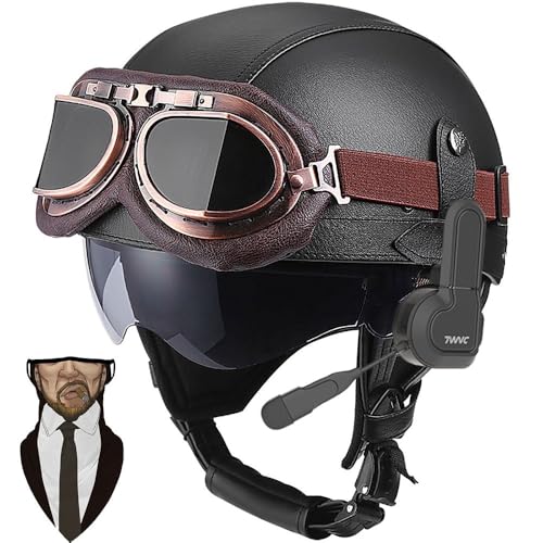 HALYING Bluetooth Motorrad Half Helm Retro Leder Deutscher Stil Halbhelm Halbschalenhelm JetHelm mit Visier Schnellverschluss Schnalle ECE-Zulassung Cruiser Chopper Anti-Collision Helm HALYING Bluetooth Motorrad Half Helm Retro Leder Deutscher Stil Halbhelm Halbschalenhelm JetHelm mit Visier Schnellverschluss Schnalle ECE-Zulassung Cruiser Chopper Anti-Collision Helm von HALYING