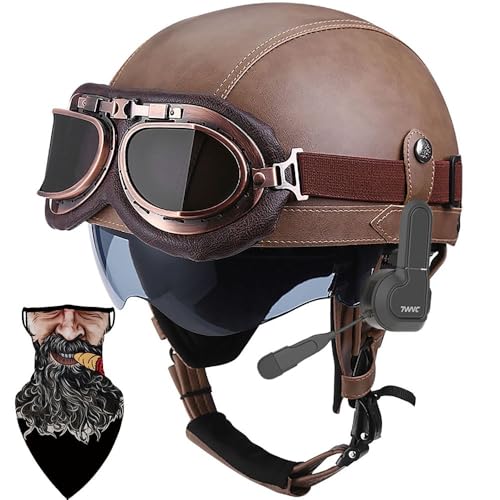 HALYING Bluetooth Motorrad Half Helm Retro Leder Deutscher Stil Halbhelm Halbschalenhelm JetHelm mit Visier Schnellverschluss Schnalle ECE-Zulassung Cruiser Chopper Anti-Collision Helm HALYING Bluetooth Motorrad Half Helm Retro Leder Deutscher Stil Halbhelm Halbschalenhelm JetHelm mit Visier Schnellverschluss Schnalle ECE-Zulassung Cruiser Chopper Anti-Collision Helm von HALYING