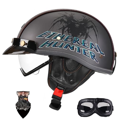 HALYING Retro Motorrad Halbschalenhelm mit ECE-Zulassung, Leicht 750g Chopper/Moped/Roller Helm für Herren Damen, Doppelte Lüftungsschlitze, Abnehmbarer Schirm Ohrenpolster, XXL 57-64cm von HALYING