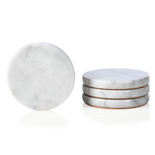 HAMAKAWA Echte Naturmarmor Untersetzer 4er Set, Carrara Weißer Kalkstein Untersetzer Φ10cm, Moderner Runder Stein, Trendige Getränkeuntersetzer für Couchtisch, Küchendekoration, Büro von HAMAKAWA