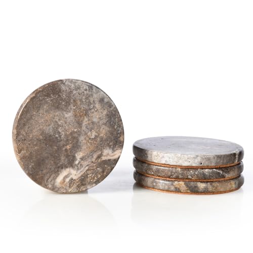 HAMAKAWA Marmor Untersetzer Satz von 4, Natürlichen Grauen Stein Untersetzer Φ 10cm, Moderne Runde Travertin Getränk Untersetzer für Home Decor, Couchtisch, Büro von HAMAKAWA