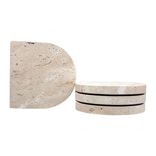 HAMAKAWA Marmoruntersetzer 4er Set, Beige Natursteinuntersetzer Ø 10 cm, Moderne bogenförmige Travertin Getränkeuntersetzer für Heimdekoration, Couchtisch, Büro von HAMAKAWA