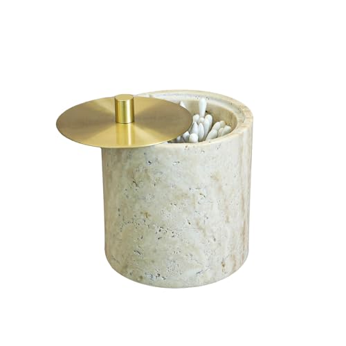 Q-Tip-Halter mit Messinglibelle, beigefarbener Travertin-Wattestäbchenbehälter L9 cm x H11 cm, moderner runder Marmorbehälter, kleine Apotheker-Aufbewahrungsgläser für Badezimmer, Schlafzimmer von HAMAKAWA