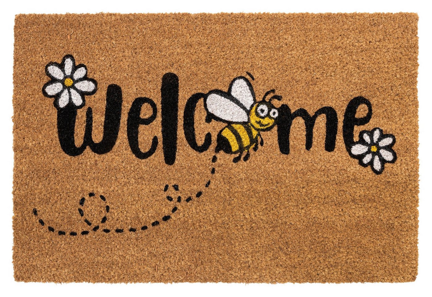 Fußmatte E-COCO PRINT, 60 x 40 cm, Braun, Schwarz, Kokos, HAMAT, rechteckig, Höhe: 15 mm, Schriftzug Welcome, mit Bienenmotiven von HAMAT