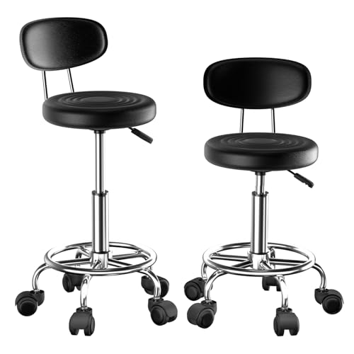 HAMHAIGO 2 Set Bürohocker Höhenverstellbar, Stehhocker um 360°drehbarer, Ergonomischer Hocker Höhenverstellbar Sitzhöhe 47-62cm, Arbeitshocker mit Rückenlehne, Rollen und Hebefunktion Schwarz von HAMHAIGO