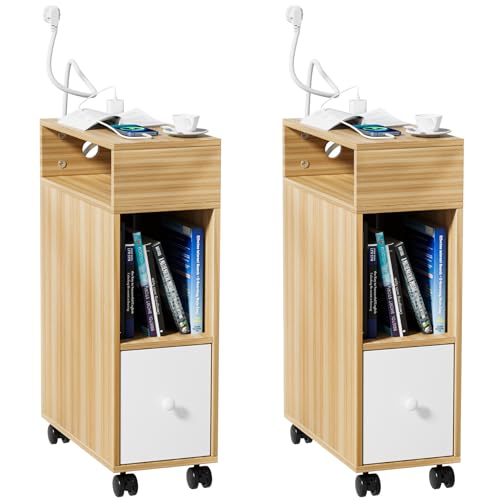 HAMHAIGO 2er Set Schmaler Nachttisch mit Steckdose Schmal Nachttisch mit Rädern, Hoch Nachttisch mit 2 Fächern und 1 Schublade, 25 x 50 x 70 cm von HAMHAIGO