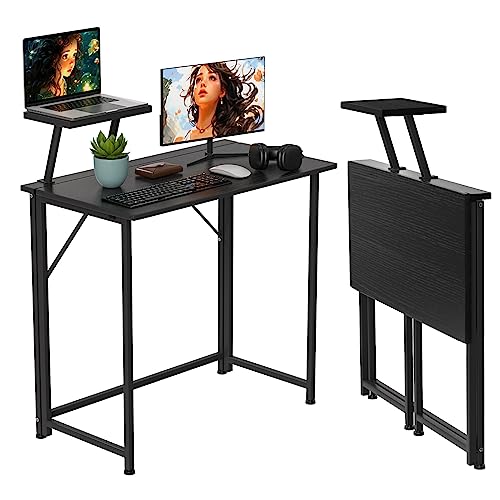 HAMHAIGO Computertisch Kleiner Schreibtisch Klappbarer 80cm x 45cm x 75cm, Schwarz klappbarer Tisch mit mit Monitorständer, Computerspieltisch für Arbeitszimmer und Schlafzimmer von HAMHAIGO