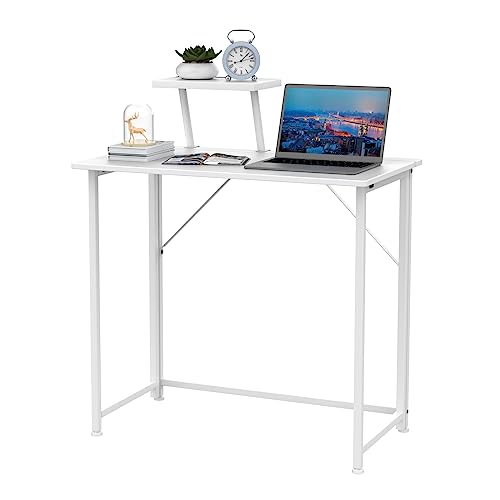 HAMHAIGO Computertisch Kleiner Schreibtisch Klappbarer 80cm x 45cm x 75cm, Weiß klappbarer Tisch mit mit Monitorständer, Computerspieltisch für Arbeitszimmer und Schlafzimmer von HAMHAIGO