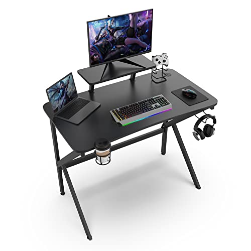 HAMHAIGO Gaming Schreibtisch 100x55x90.5cm, Gaming Tisch PC Schreibtisch mit Kohlefaserbeschichtung Esport Ergonomischer Computertisch Tisch mit stabiles K-Gestell, Kopfhörerhaken zum Spielen von HAMHAIGO