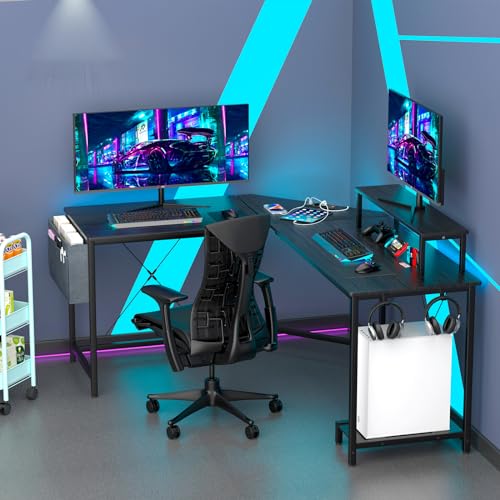 HAMHAIGO Gaming-Schreibtisch 160–135 x 55 x 74 cm, L-Form Computertisch, Schreibtisch L für Zuhause, einfacher Schlafzimmer-Schreibtisch, einfacher moderner Schreibtisch, Schwarz von HAMHAIGO