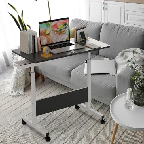 HAMHAIGO Kleiner Schreibtisch mit Rollen Beistelltisch Laptoptisch Höhenverstellbar Der Desktop kann umgedreht Werden Sofatisch mit Rollen Kaffeetisch Schlafzimmer, Wohnzimmer Schwarz von HAMHAIGO