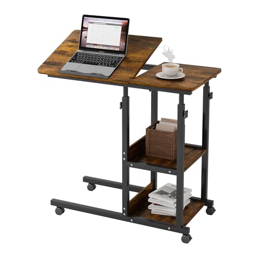 HAMHAIGO Kleiner Schreibtisch mit Rollen C-Form Schreibtisch Beistelltisch mit Steckdose Laptoptisch Höhenverstellbar Der Desktop kann umgedreht Werden Sofatisch Kaffeetisch Schlafzimmer, Wohnzimmer von HAMHAIGO