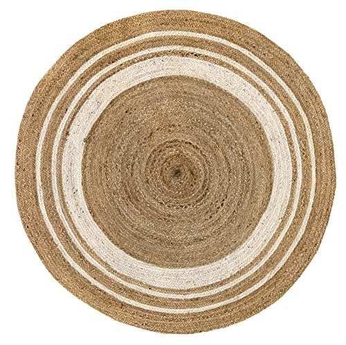 HAMID Jute Teppich Rund, Alhambra Teppich Handgewebt 100% Naturfaser de Jute, Wohnzimmer, Schlafzimmer, Flurteppich, Farbe Natur/Weiß (150x150cm) von HAMID