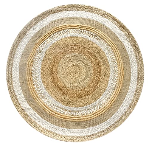 HAMID - Jute Teppich Runden, Cairp, Teppich 100% Weiß und Natur, Jutefaser Handgewebt, Weicher Teppich und Hohe Festigkeit für Wohnzimmer, Esszimmer, Schlafzimmer, FlurTeppich - (120x120cm) von HAMID