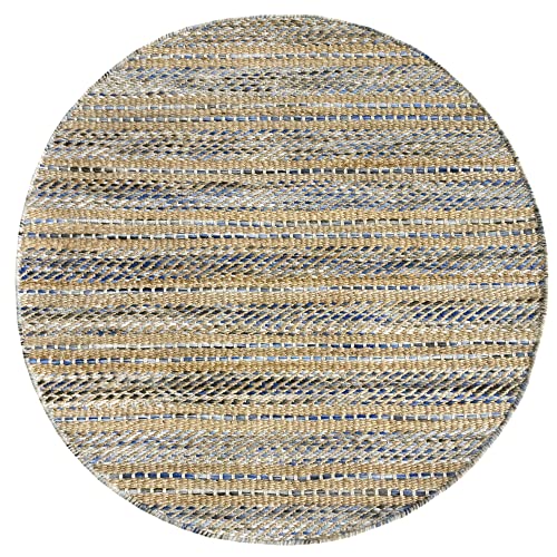 HAMID - Woll- und Jute-Teppich Runden Olivia, Handgewebter Woll-Jute-Teppich für Wohnzimmer, Schlafzimmer, Blau Geädert, (100 x 100 cm) von HAMID