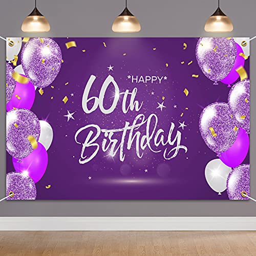 HAMIGAR 1,8 x 1,2 m Happy 60th Birthday Banner Hintergrund – 60 Jahre alte Geburtstagsdekorationen Partyzubehör für Frauen – Lila von HAMIGAR