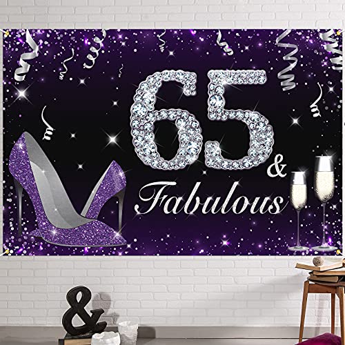 HAMIGAR 1,8 x 1,2 m Happy 65th Birthday Banner Hintergrund – 65 & Fabulous Heels Geburtstag Dekorationen Partyzubehör für Frauen – Lila von HAMIGAR