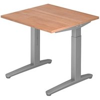 HAMMERBACHER XB08 höhenverstellbarer Schreibtisch nussbaum, silber quadratisch, C-Fuß-Gestell silber 80,0 x 80,0 cm von HAMMERBACHER