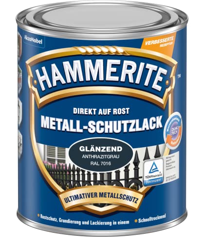 Hammerite Metallschutzlack Glänzend, 3in1- Rostschutz, Anthrazitgrau, 250 ml von Hammerite