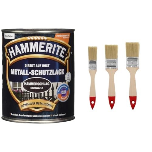 HAMMERITE METALLSCHUTZLACK HAMMERSCHLAG SCHWARZ 750ML & HARDY WORKING TOOLS Flachpinsel-Set 3-teilig von HAMMERITE