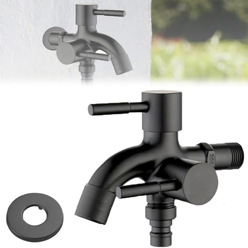 1/2 Zoll Doppel Wasserhahn, Edelstahl Wasserhahn Universal Doppel Auslaufhahn Garten Doppelter Auslauf Doppelventil für Waschmaschine Garten Küche Bad, Schwarz (Typ 2) von HAMON