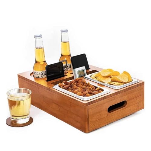 Couch Bar Bambus Holz, Couchbar Snackbox Weinglashalter, Rechteckig Couch Butler mit 2 Edelstahl-Snackschalen, Sofa Bar Geeignet für Wohnzimmer Sofa, Restaurant, Picknick, Party von HAMON