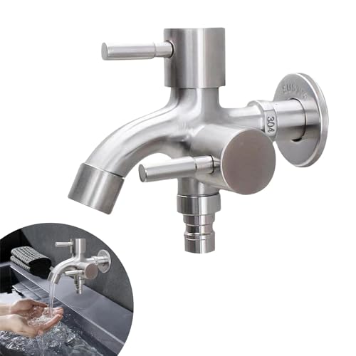 HAMON 1/2 Zoll Doppel Wasserhahn, Universal Doppel Auslaufhahn Edelstahl Wasserhahn Garten Doppelter Auslauf Doppelventil für Waschmaschine, Garten, Küche, Bad (Typ 2) von HAMON