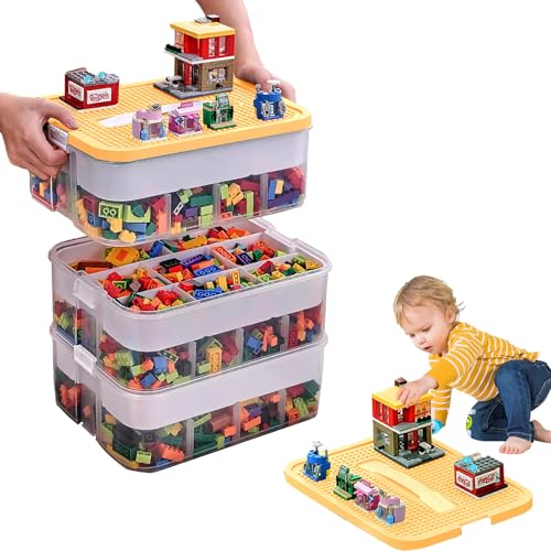 HAMON Kinder Aufbewahrungsbox mit Deckel, 3 Stufen Stapelboxen Transparent Bausteine Boxen Aufbewahrung Kunststoff Bausteine Aufbewahrungsboxen Trennbare Kinder Spielzeugkiste (Gelb) von HAMON