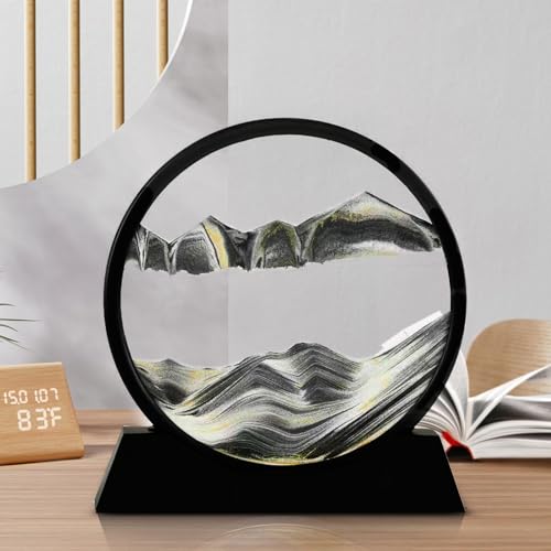 HAMON Sandbilder Zum Drehen, Fließender Sand Rahmen mit Spritze 3D Sanduhr Sand Kunst Dynamic Sandbild Runde Kunst Fließendes Sand Bild Flow Sand Kunst Desktop Decor, 12zoll(Schwarz) von HAMON