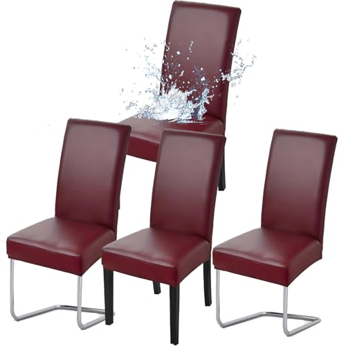 HAMON Stuhlhussen 4er Set,Pflegeleichte Wasserdicht Abnehmbarer Stühle,wasserdichte Stretch PU Leder Stuhlbezug,Haus Büro Restaurant Stuhlhussen,Kunstleder Wasserdicht Dehnbarer Schutzbezug(Weinrot) von HAMON