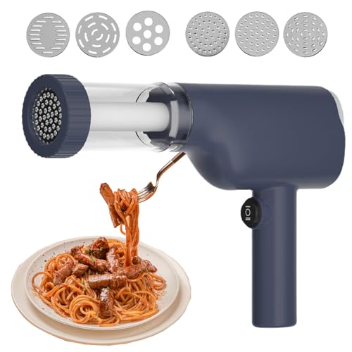 Hand Nudelmaschine Elektrische 1500mAh Tragbare Nudelmaschine Elektrisch mit 6 Pressformen, 40W Wiederaufladbare Nudelmaschine Elektrisch für Ausgemachte Spaghetti/Fettuccine (Blau) von HAMON
