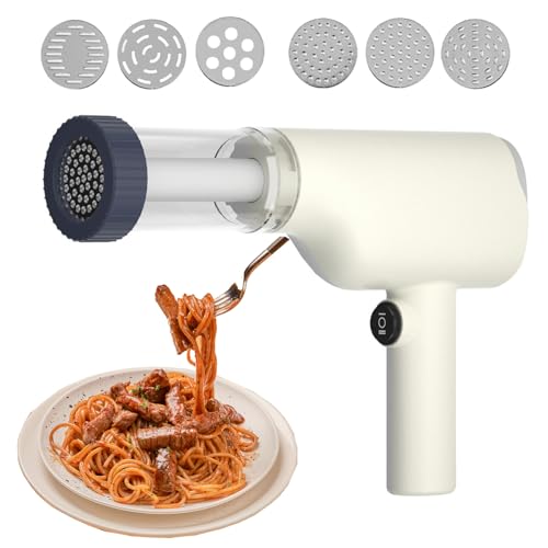 Hand Nudelmaschine Elektrische 1500mAh Tragbare Nudelmaschine Elektrisch mit 6 Pressformen, 40W Wiederaufladbare Nudelmaschine Elektrisch für Ausgemachte Spaghetti/Fettuccine (Weiß) von HAMON