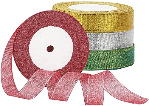 HAMOOM 4Roll Geschenkband Weihnachten Organzaband Weihnachts Schleifenband Weihnachtsbänder Rot Gold Weihnachtsgeschenke Band Organza Band Chiffonband für Weihnachten Geschenkverpackung 100 Yard von HAMOOM