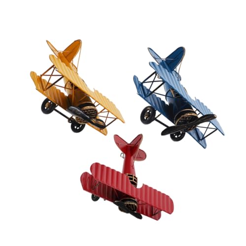 HAMPPLIES 3 Stück Vintage Metall Flugzeug Modell Teiliges aus Stabilem Retro Deko für Wohnzimmer Büro und Schlafzimmer Rustikale Miniatur Flugzeugornamente in Blau Gelb und Rot von HAMPPLIES